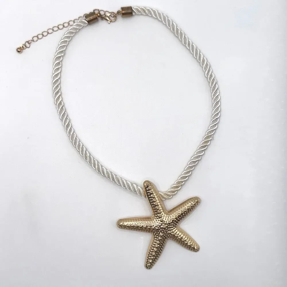 Gold Starfish Pendant Nautical Rope Statement Necklace
